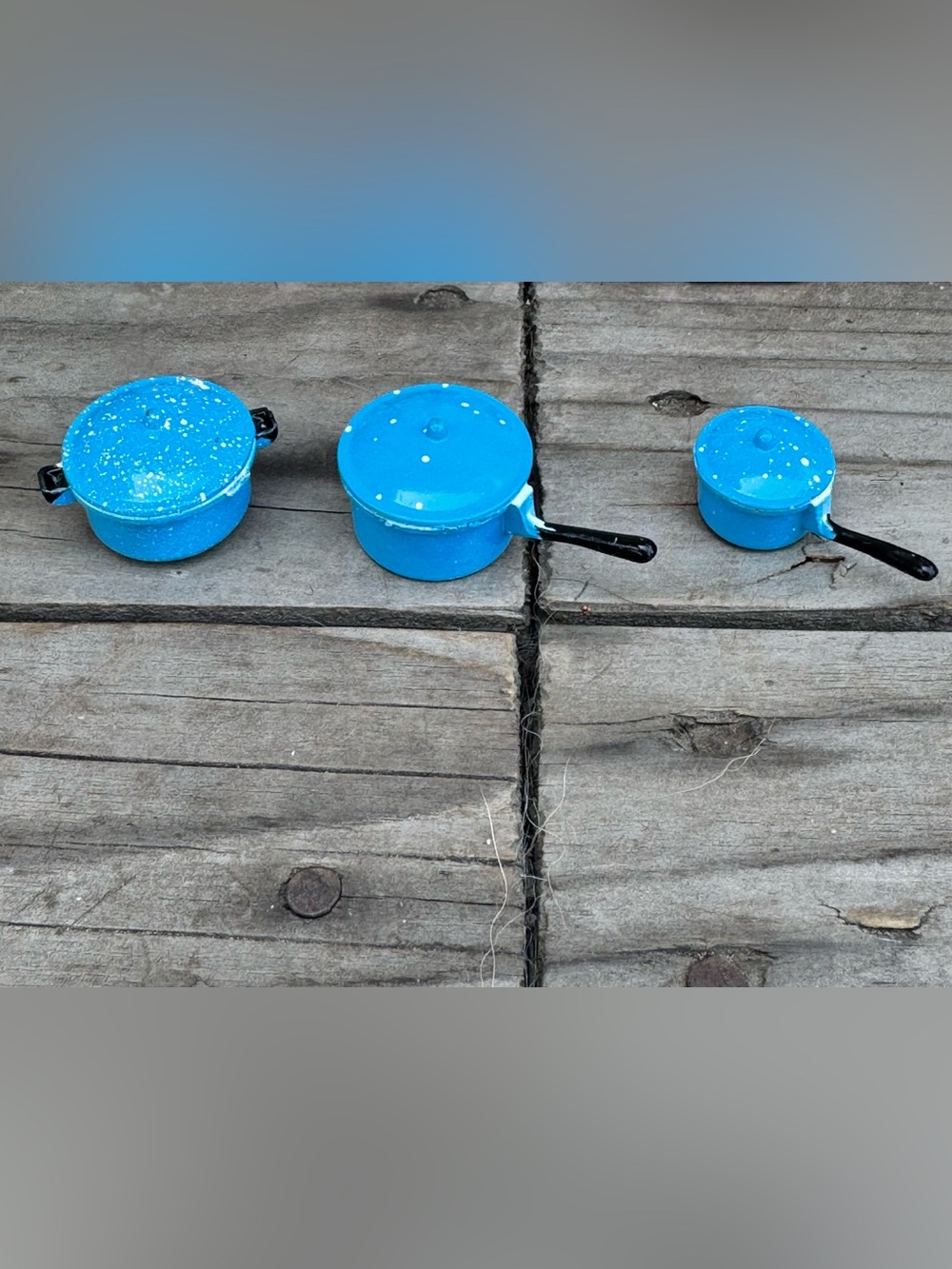 Title: Rare Vintage Miniature Blue Enamelware Pot & Pan Set